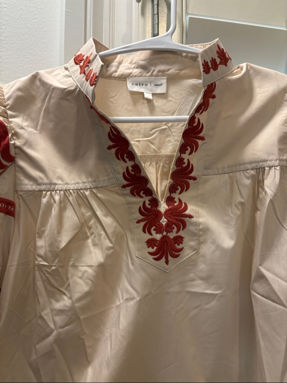 entro Cream Peasant Blouse with Red Embroidery - Picture 6 of 7